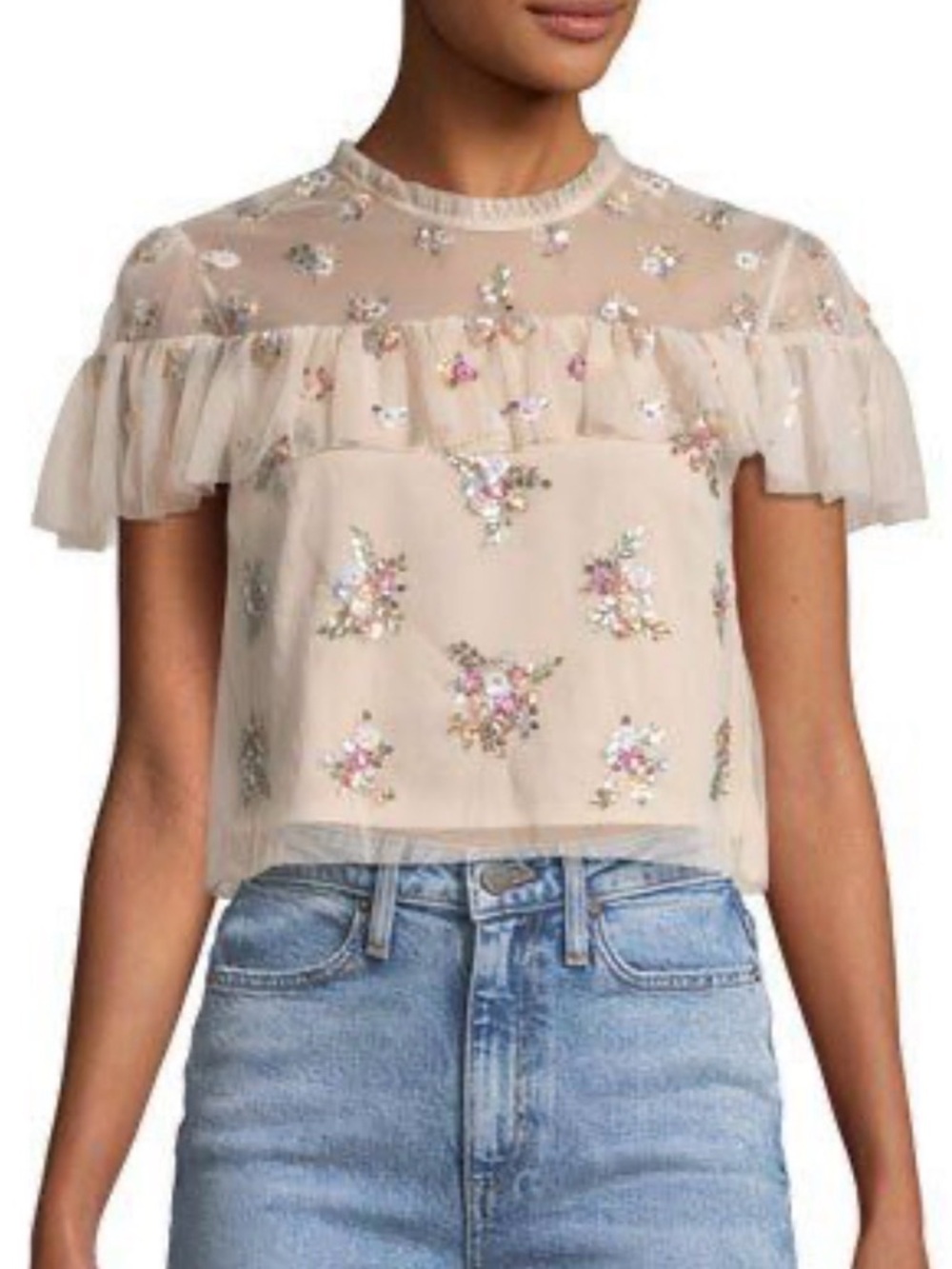 Needle & Thread Beaded Ruffle Mesh Top - Picture 1 of 4